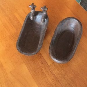 Two bathtub soap dishes. Iron